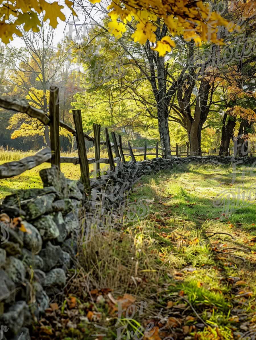 Scenic Autumn Landscape with Stone Fence and Vibrant Foliage