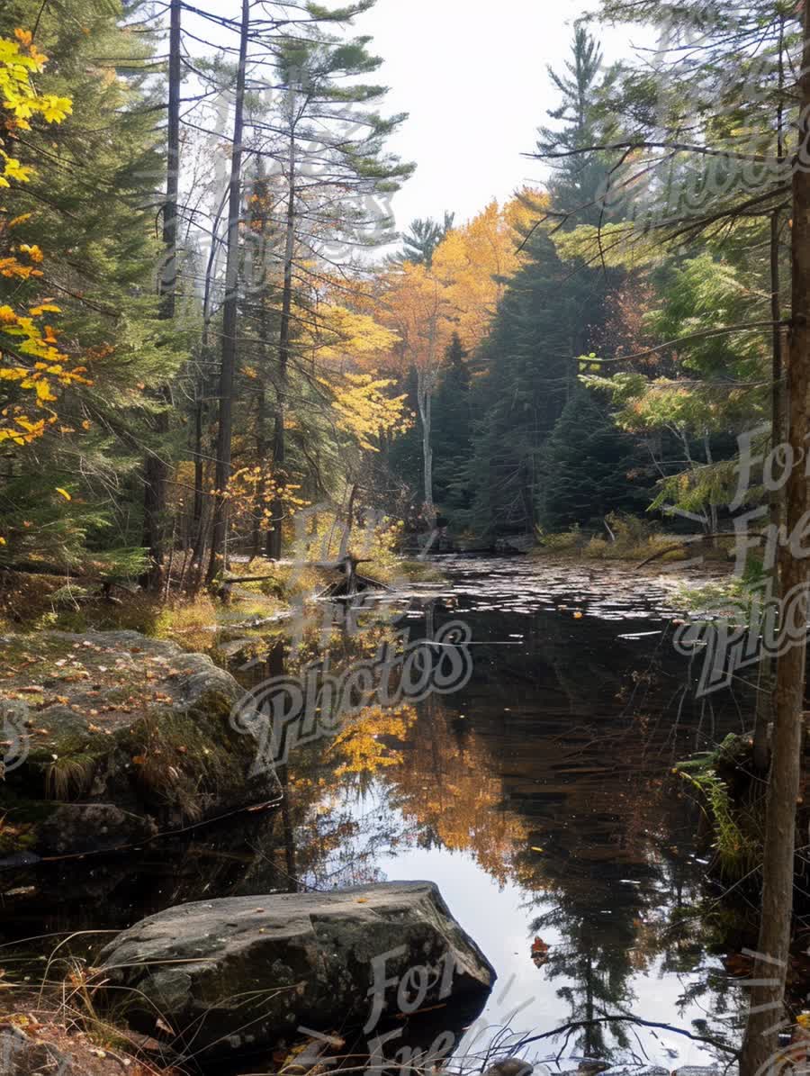 Tranquil Autumn Forest Reflection: Serene River Scene with Colorful Foliage