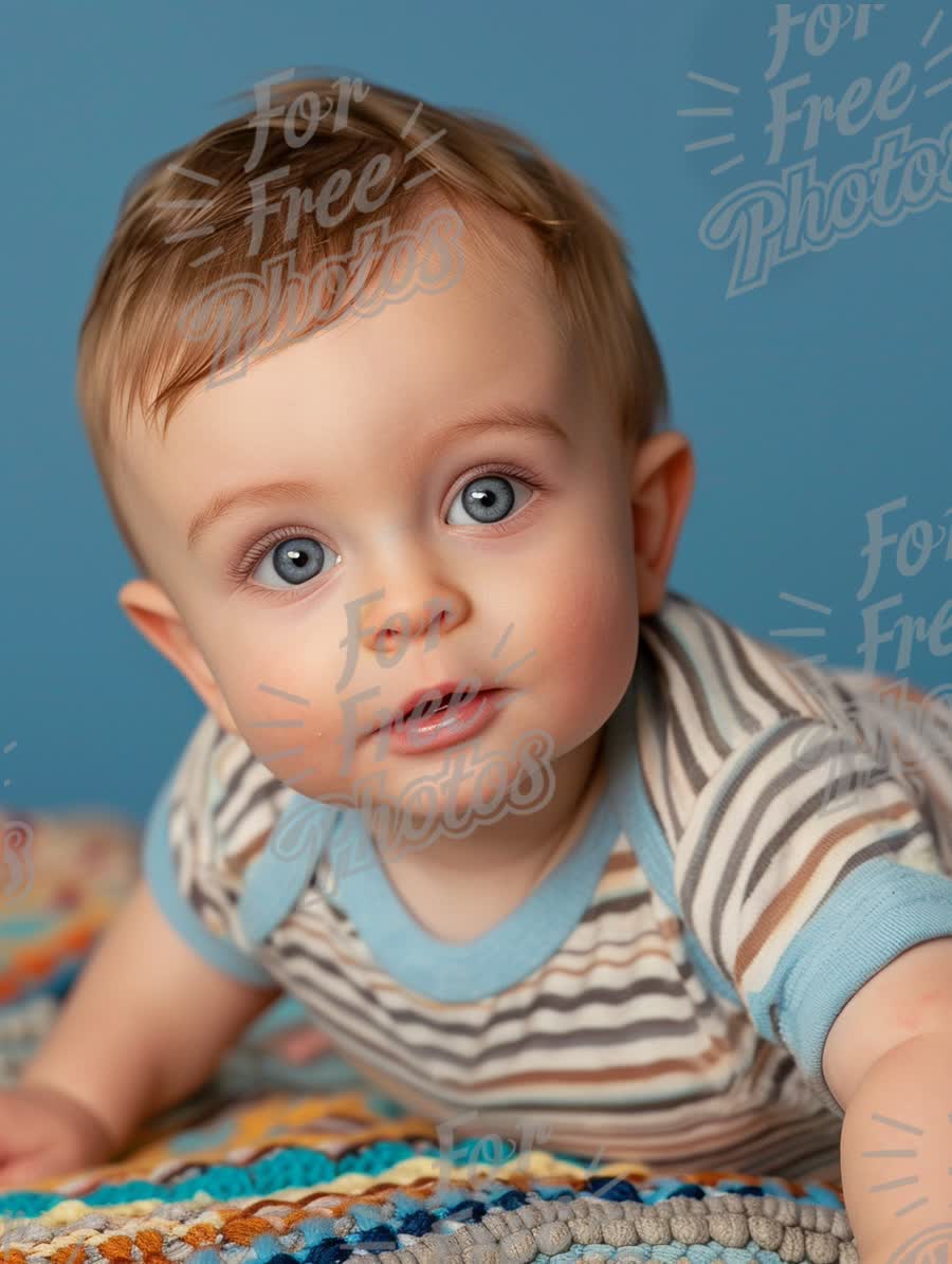 Adorable Baby with Bright Blue Eyes on Colorful Blanket