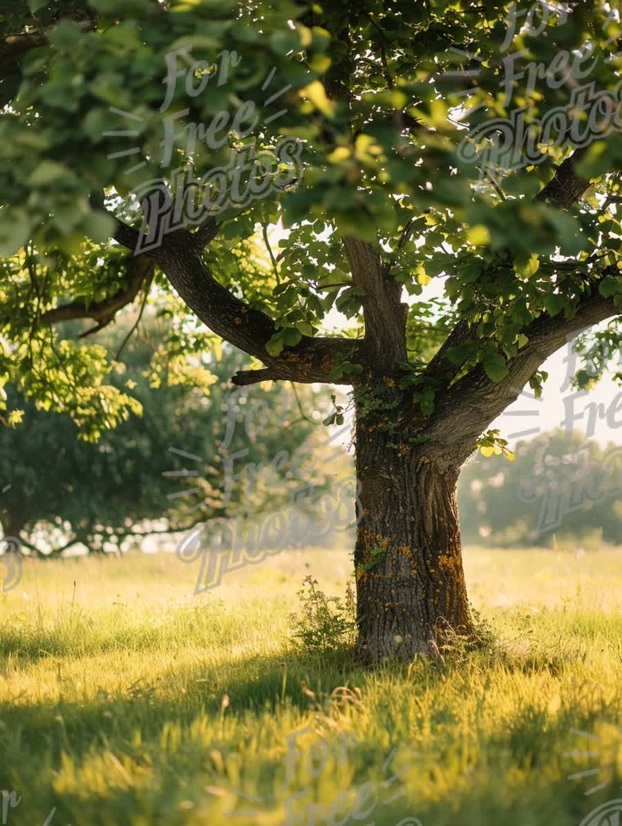 Serene Sunlit Tree in Lush Green Meadow