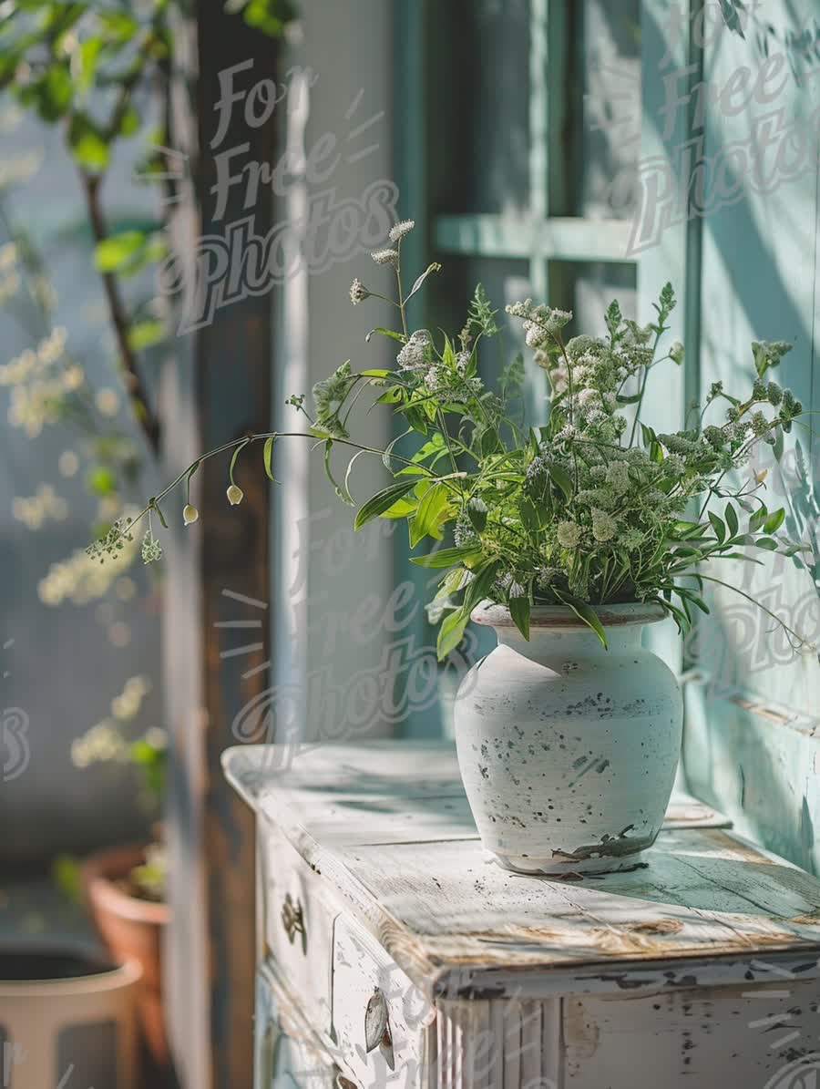 Charming Rustic Decor: Fresh Flowers in a Vintage Vase with Sunlit Background