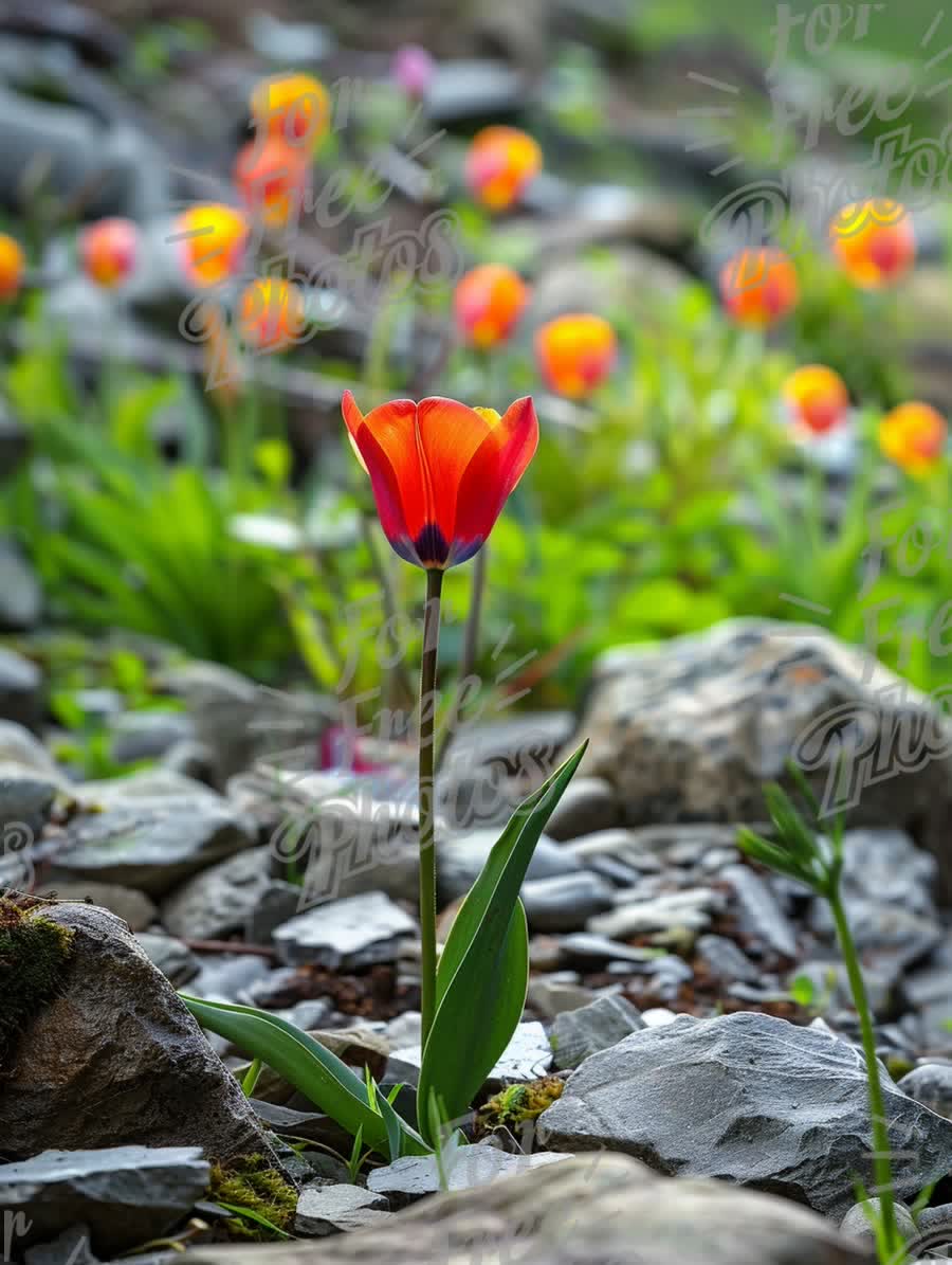 Vibrant Red Tulip Amongst Rocky Landscape: Nature's Resilience and Beauty