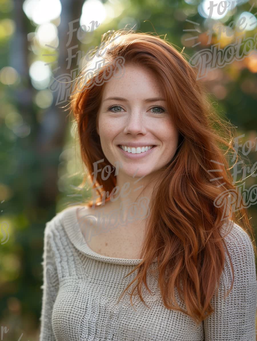 Radiant Smiling Woman with Red Hair in Natural Outdoor Setting