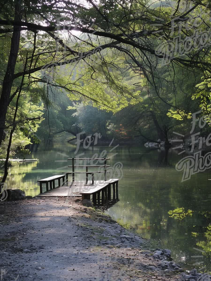 Tranquil Lakeside Dock Surrounded by Lush Greenery and Soft Morning Light