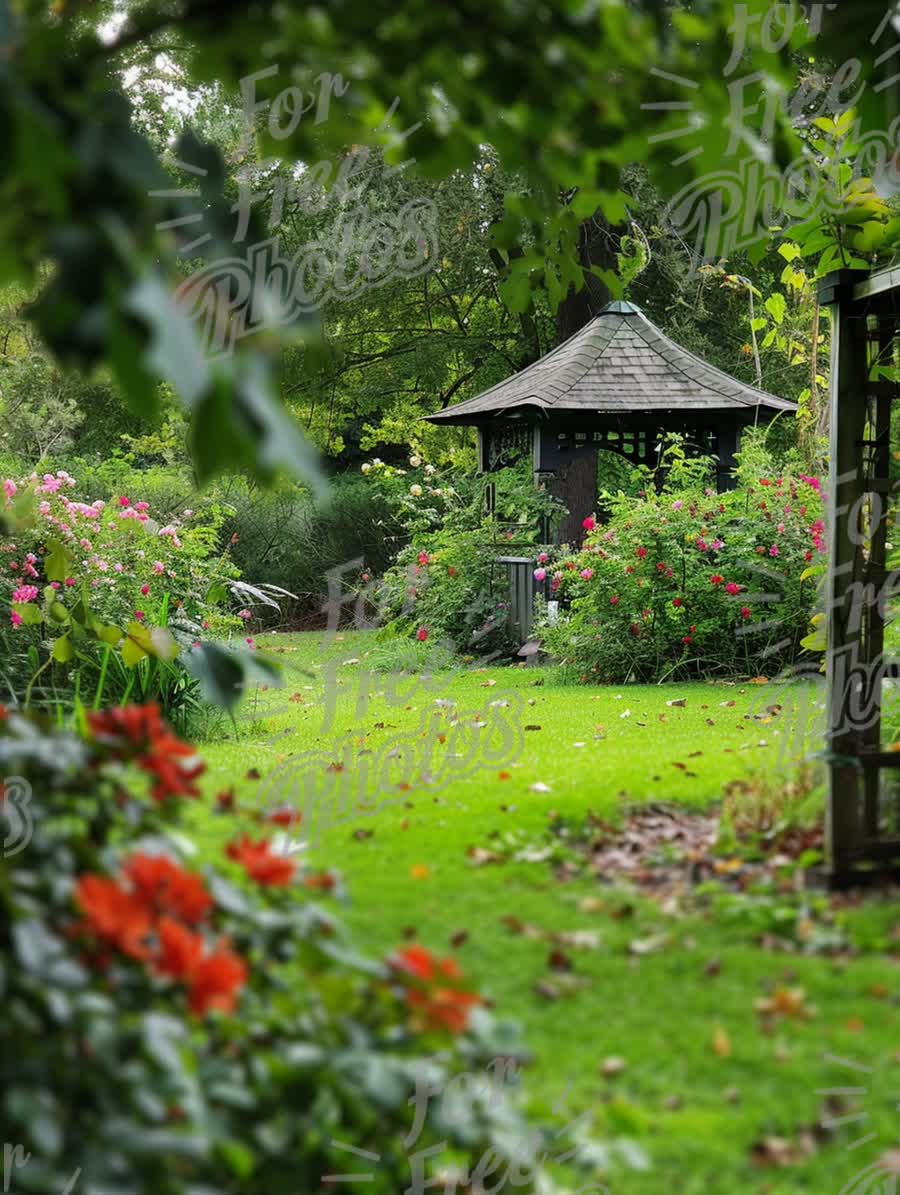 Tranquil Garden Retreat with Gazebo Surrounded by Vibrant Flowers