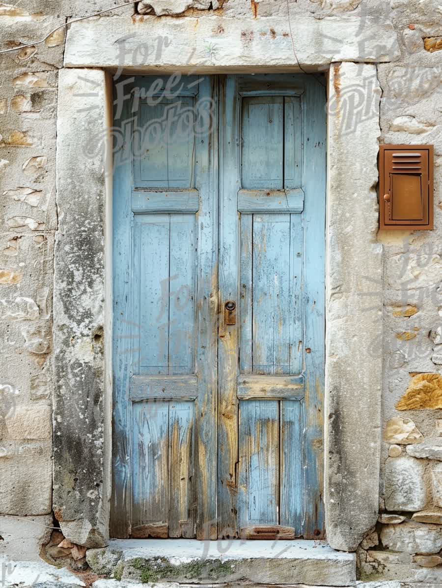 Charming Rustic Blue Door with Weathered Texture in Stone Wall