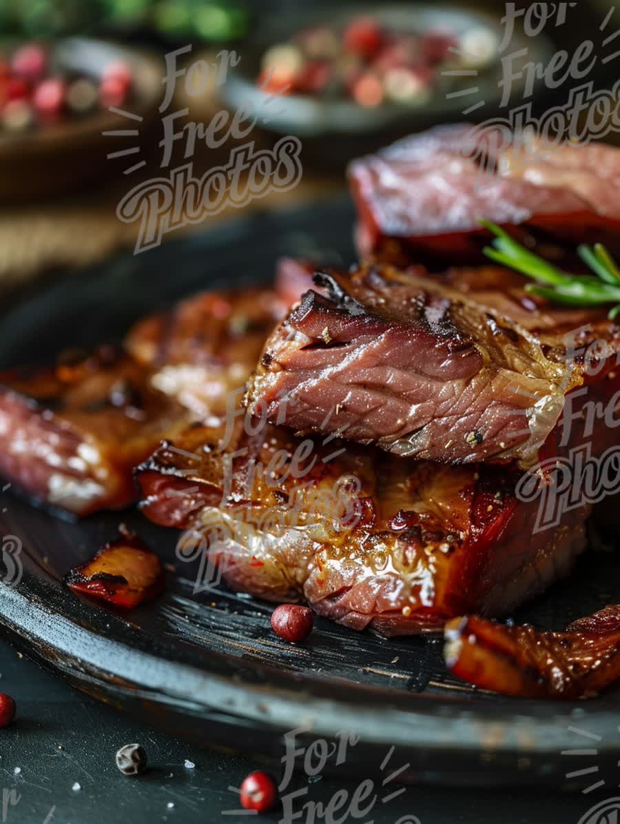 Succulent Grilled Steak with Herbs on Rustic Plate - Gourmet Food Photography