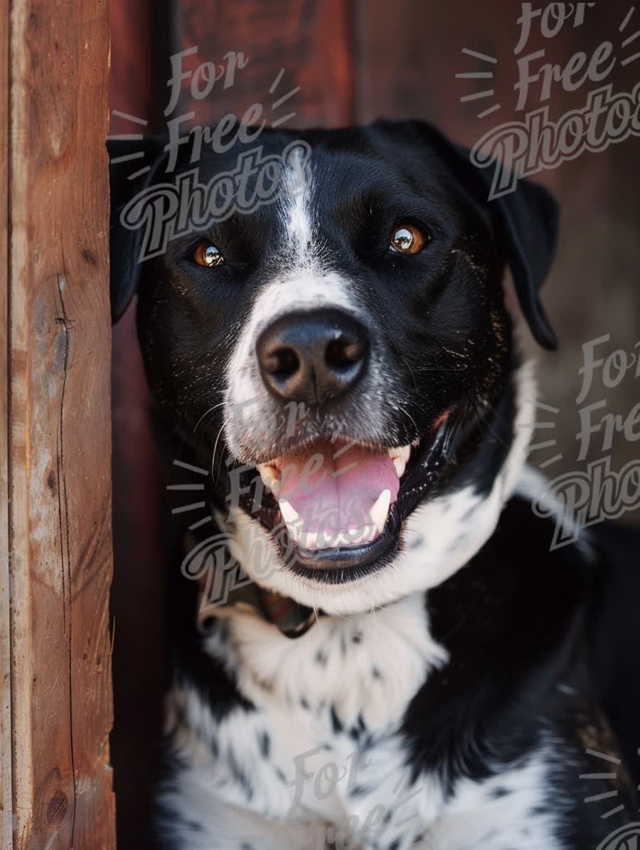 Happy Black and White Dog Portrait in Rustic Setting