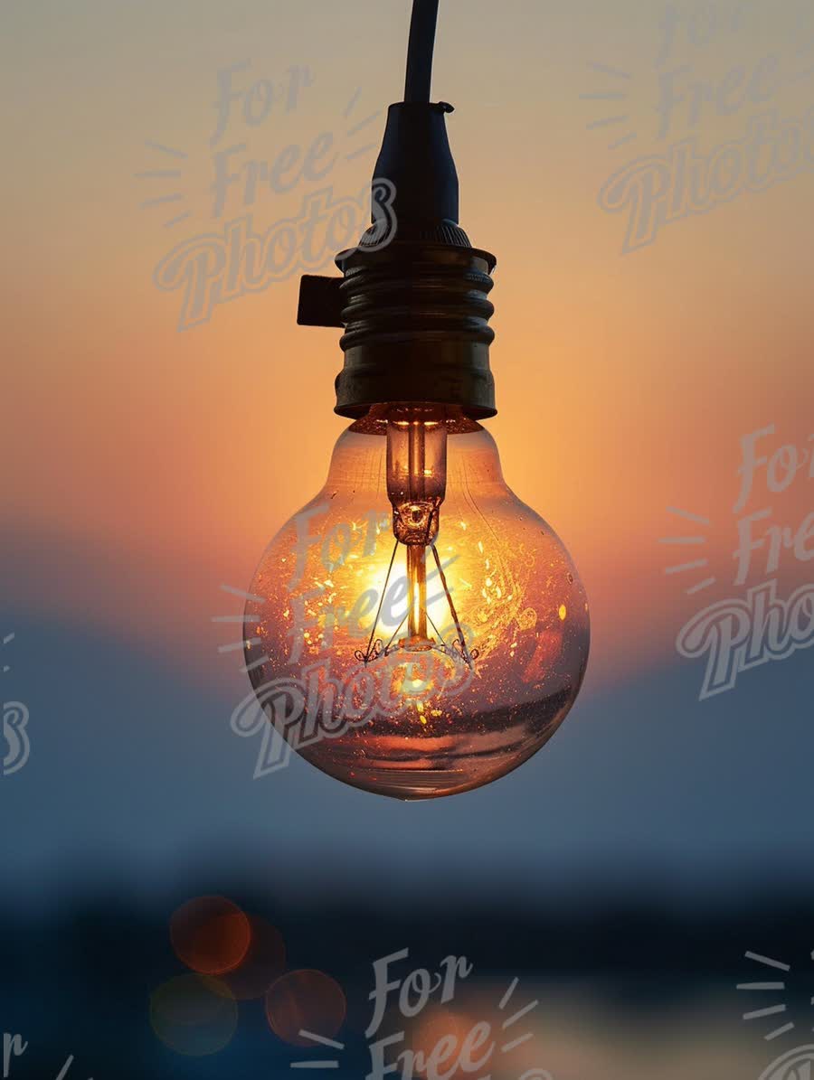 Warm Glow of Vintage Light Bulb Against Sunset Background