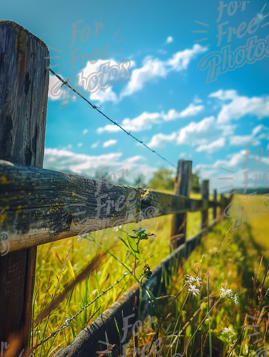 Rustic Wooden Fence in Lush Green Field Under Bright Blue Sky