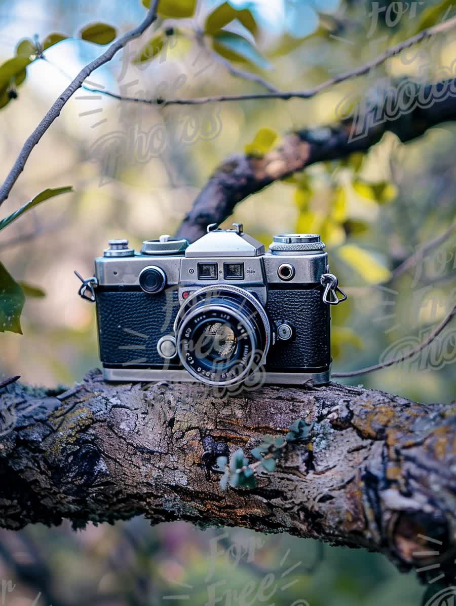 Vintage Camera on Tree Branch: Nature Meets Photography