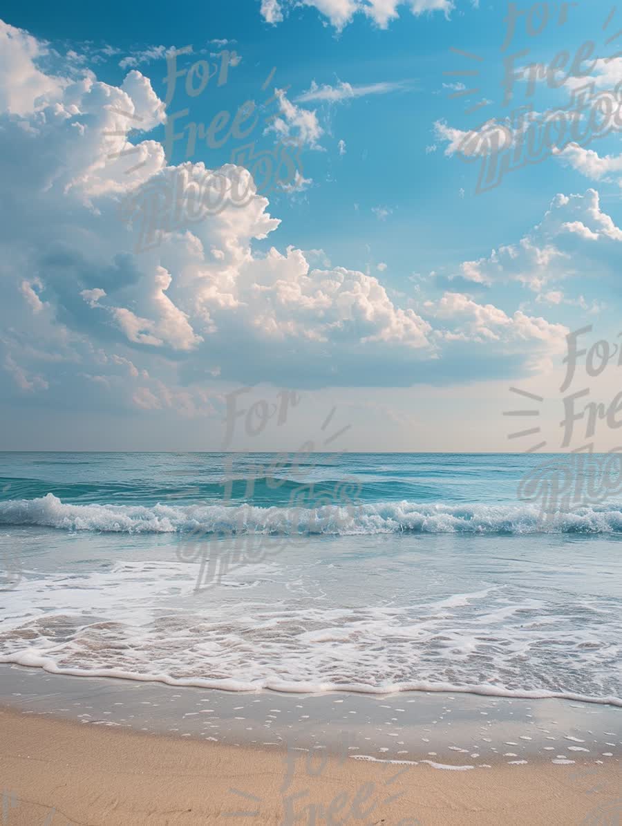 Tranquil Ocean Waves Under Blue Sky with Fluffy Clouds