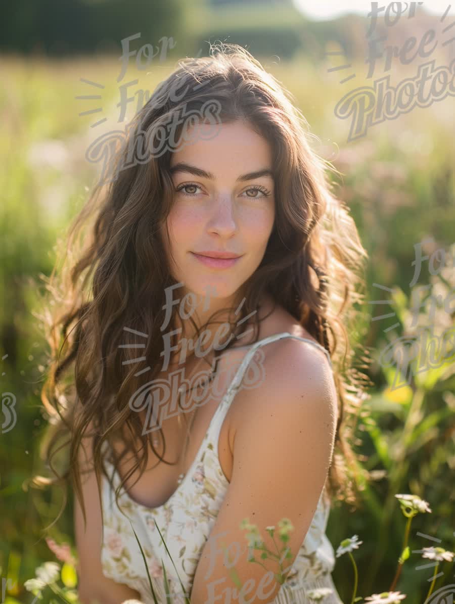 Natural Beauty in a Sunlit Meadow: Portrait of a Young Woman with Flowing Hair