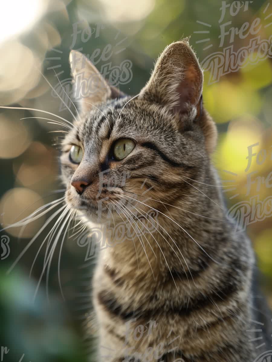 Close-Up of a Striped Tabby Cat with Green Eyes in Natural Light