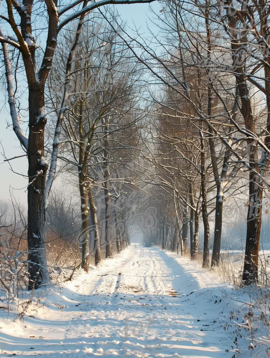 Serene Winter Pathway: Snow-Covered Trees and Tranquil Landscape