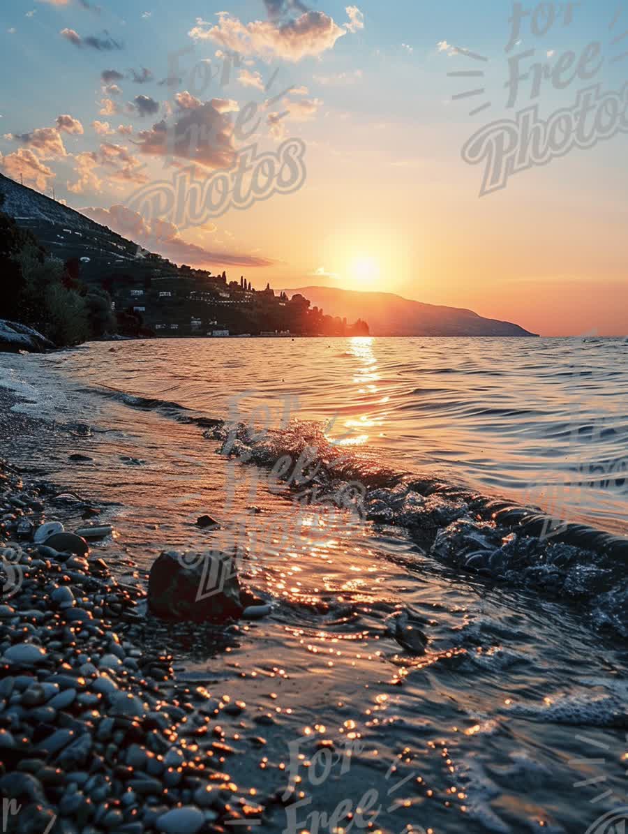 Serene Sunset Over Tranquil Lake Shoreline with Reflective Water and Pebble Beach