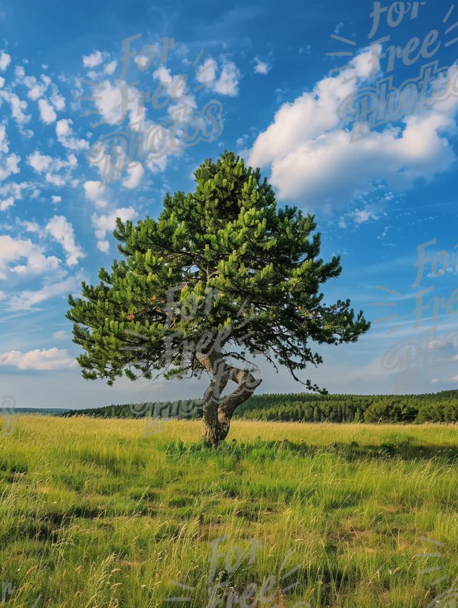 Solitary Pine Tree in Lush Green Meadow Under Blue Sky