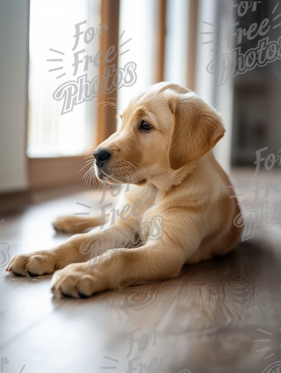 Adorable Golden Labrador Puppy Relaxing Indoors on Wooden Floor