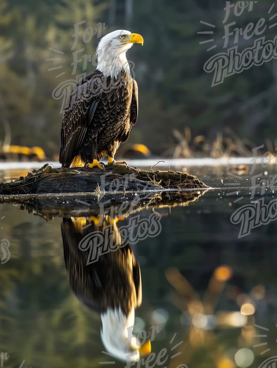 Majestic Bald Eagle Reflecting on Tranquil Waters at Sunrise