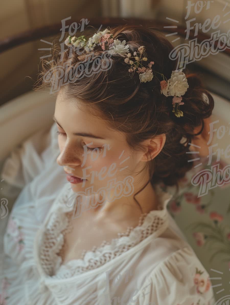 Elegant Vintage Portrait of a Woman with Floral Hair Accessories in Soft Natural Light