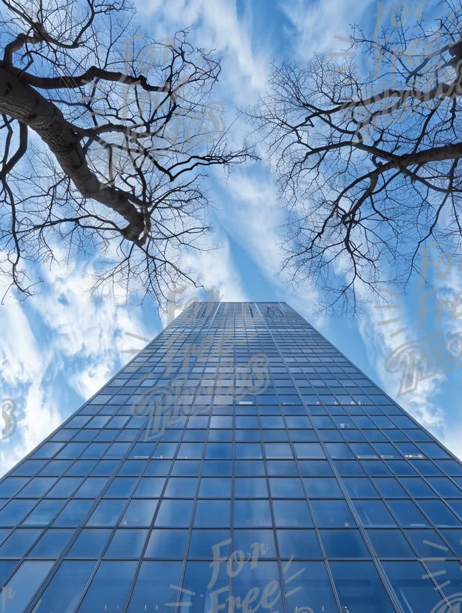 Modern Skyscraper Against a Blue Sky with Tree Silhouettes