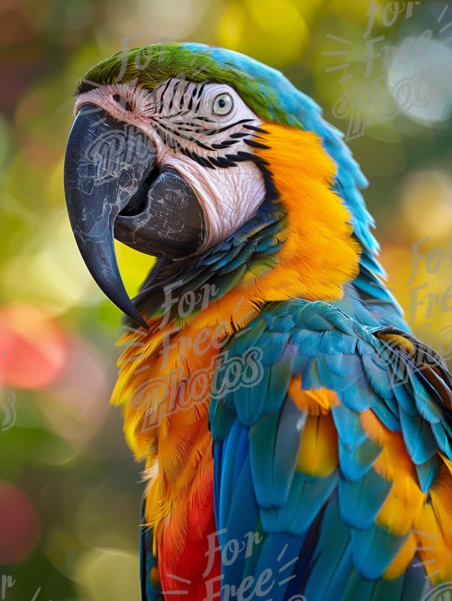 Vibrant Macaw Portrait with Colorful Feathers and Bokeh Background