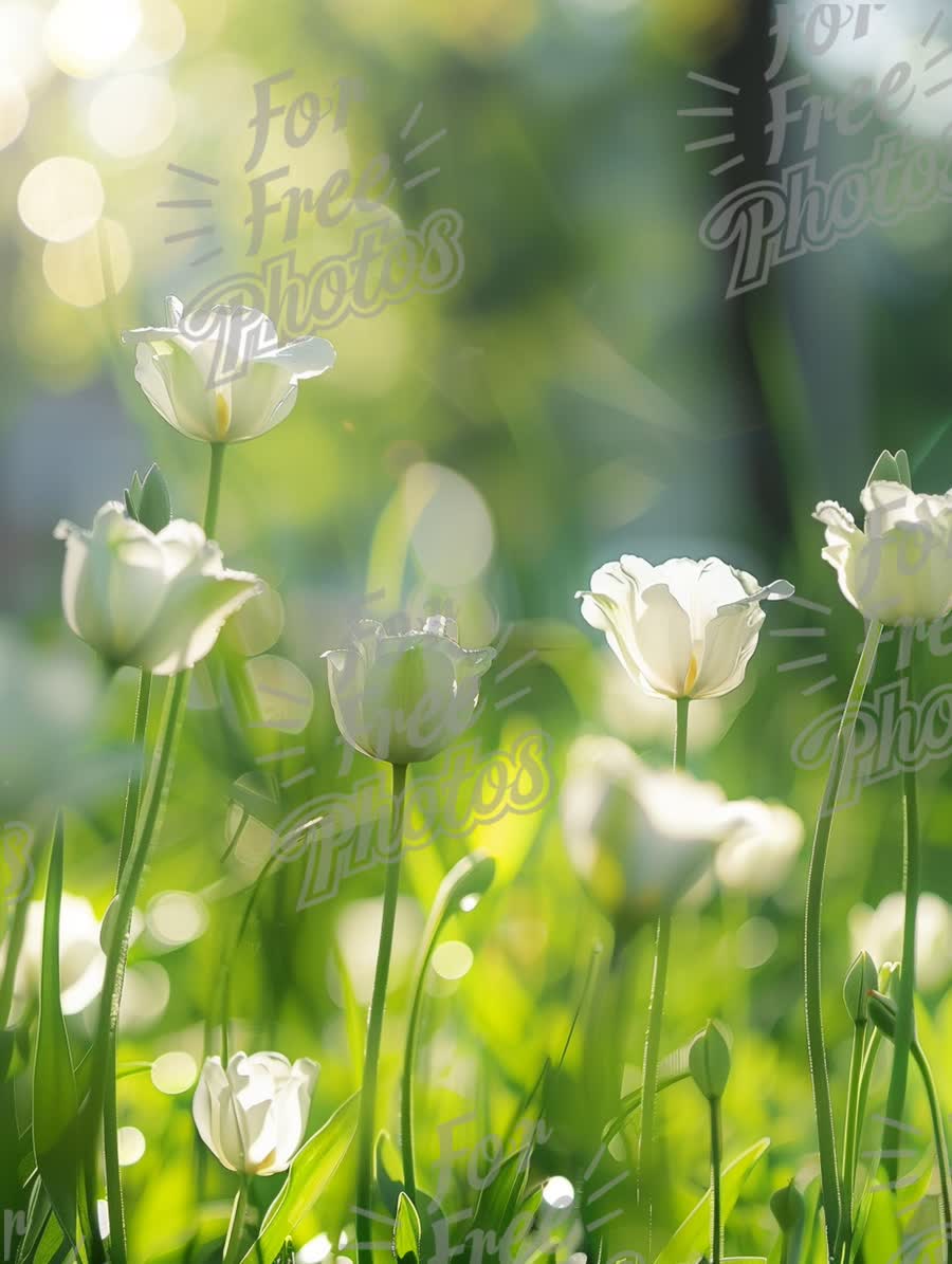 Delicate White Tulips in Sunlit Garden with Bokeh Effect