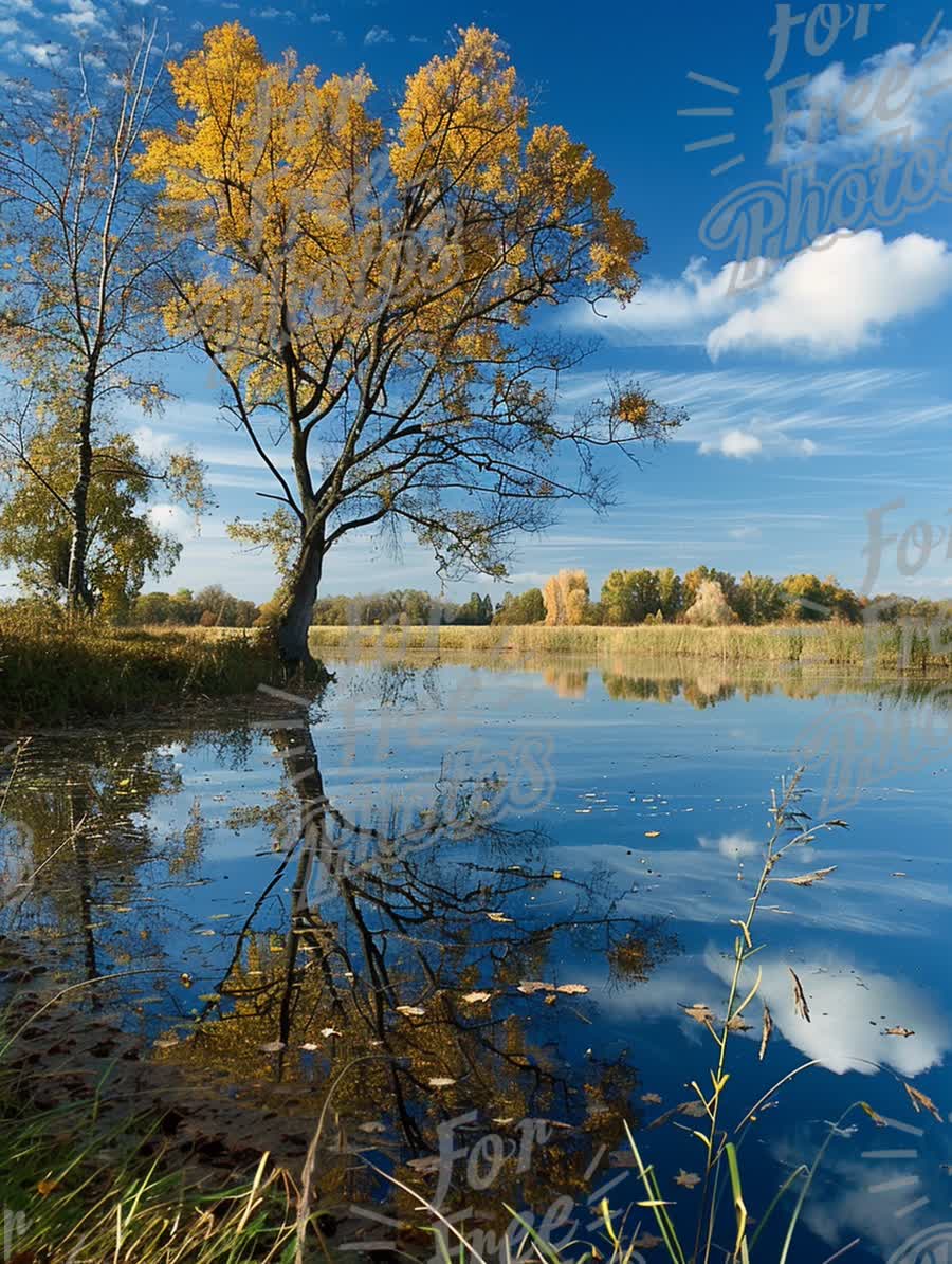 Autumn Serenity: Tranquil Lake Reflection with Golden Trees and Blue Sky