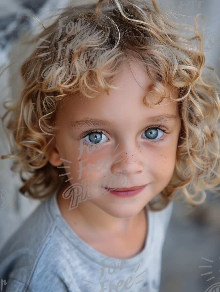 Charming Child Portrait with Curly Hair and Bright Blue Eyes