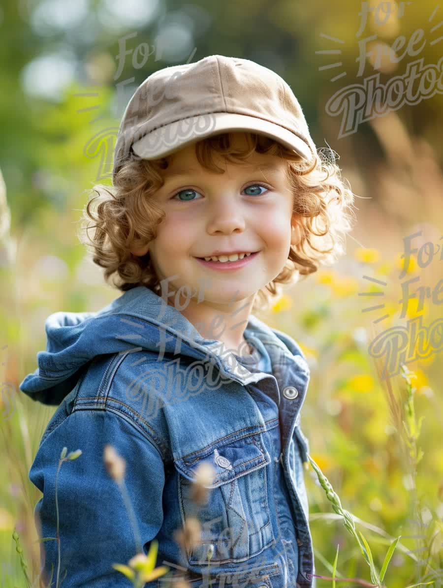 Joyful Child in Nature: Smiling Boy in Denim Jacket and Cap Surrounded by Wildflowers