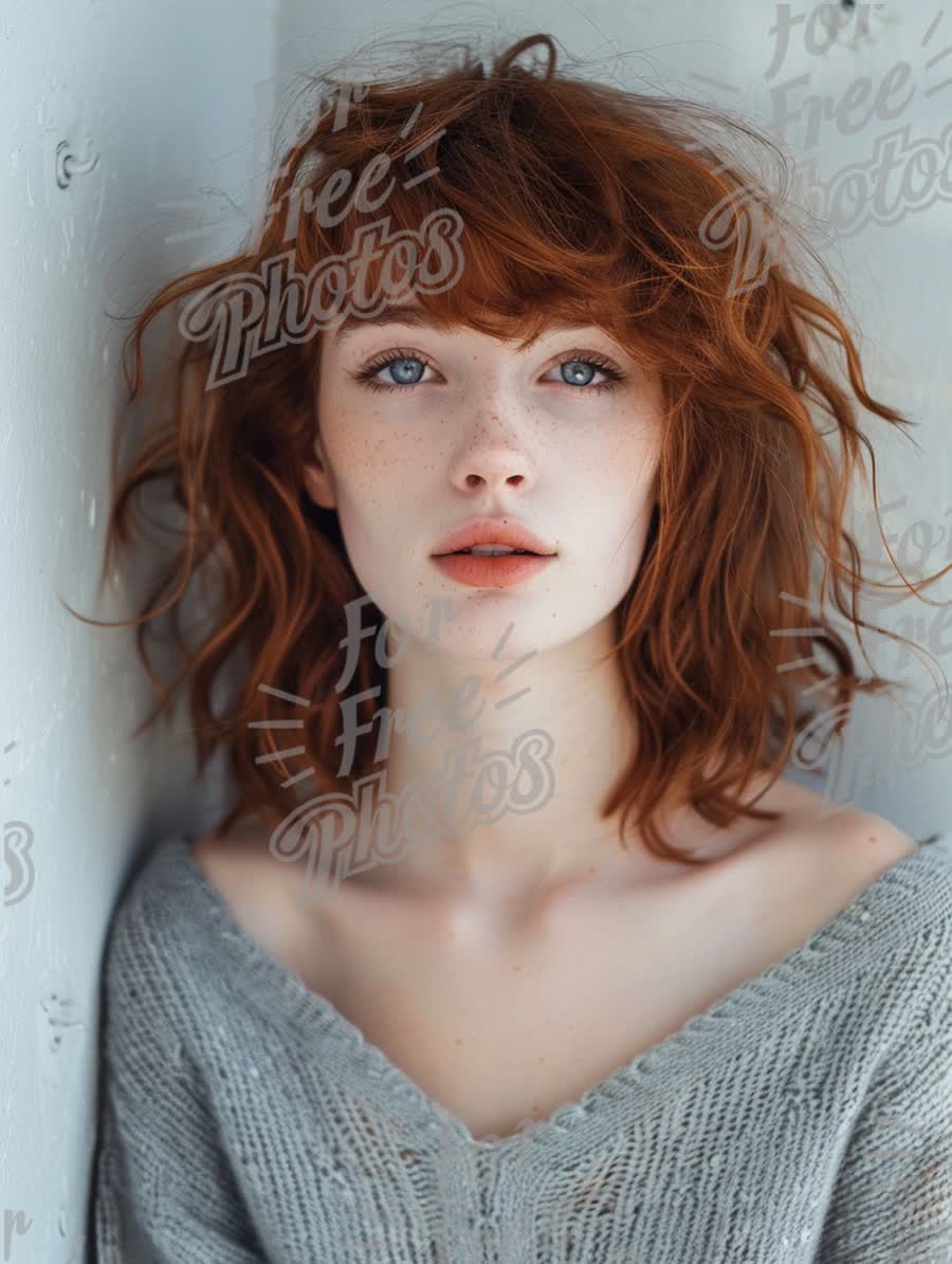 Natural Beauty Portrait of a Young Woman with Freckles and Wavy Red Hair