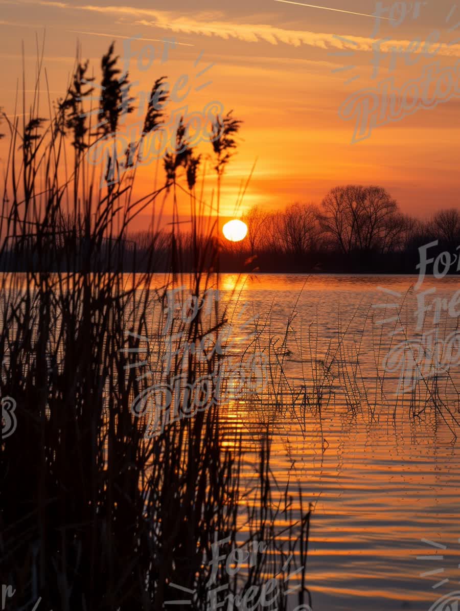 Tranquil Sunset Over Serene Lake with Silhouetted Reeds