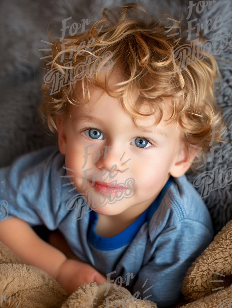 Adorable Young Boy with Curly Hair and Bright Blue Eyes, Cozy and Playful Portrait