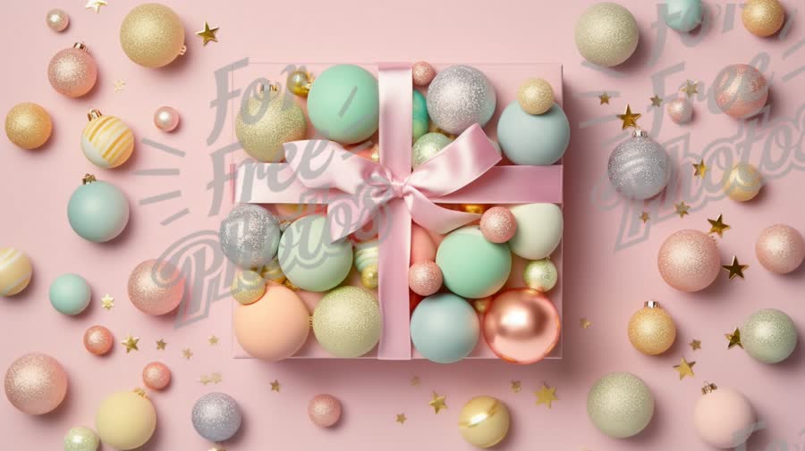 Pastel Holiday Gift Box with Decorative Ornaments and Stars