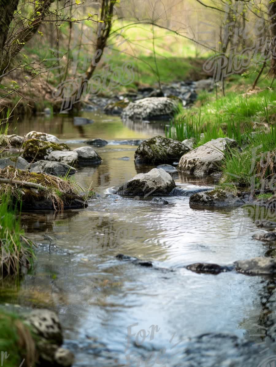 Tranquil Stream Flowing Through Lush Green Landscape