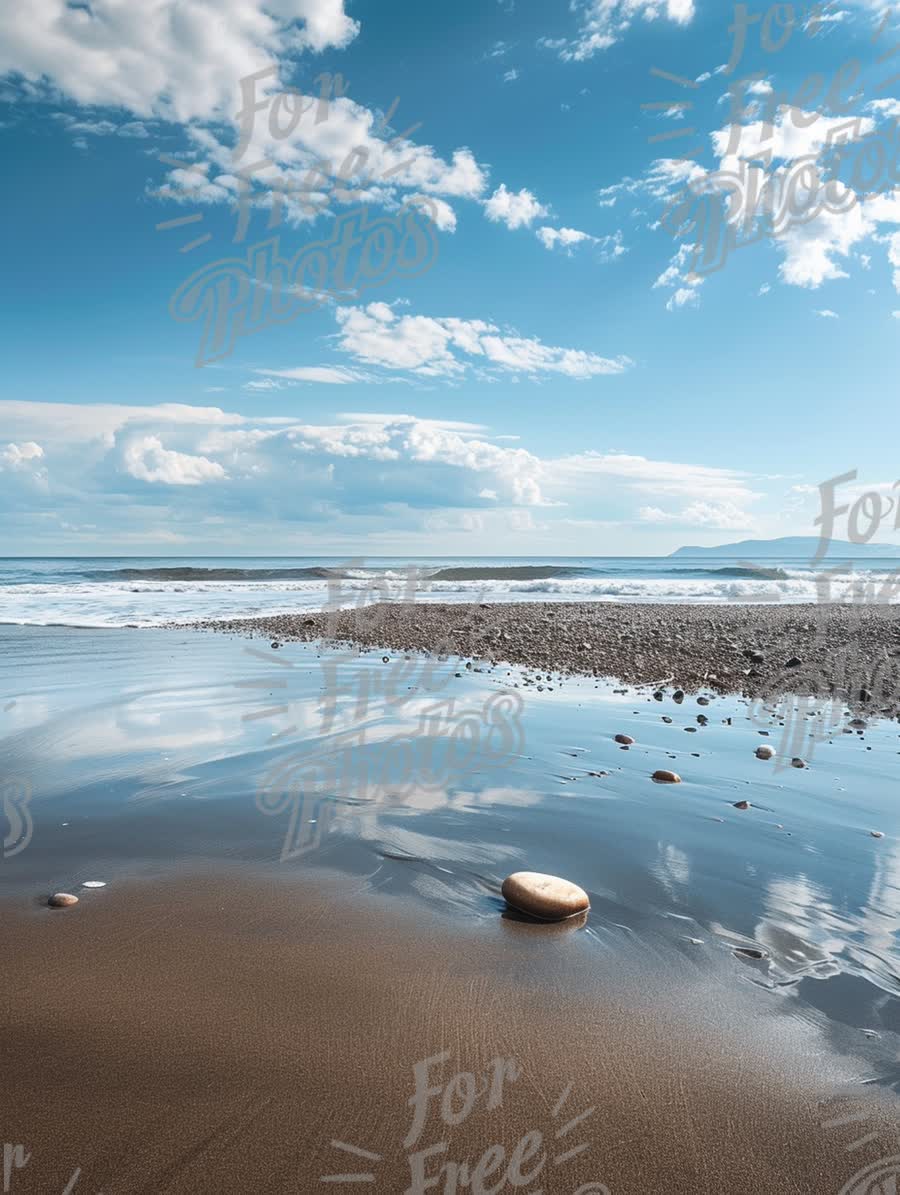 Tranquil Beach Landscape with Reflections and Blue Sky