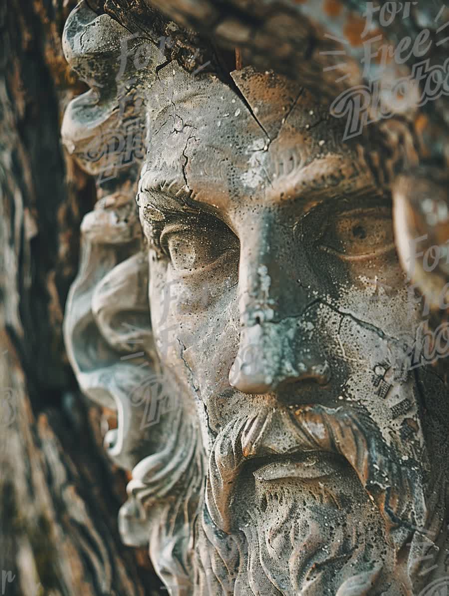 Ancient Stone Sculpture of a Bearded Man Surrounded by Nature