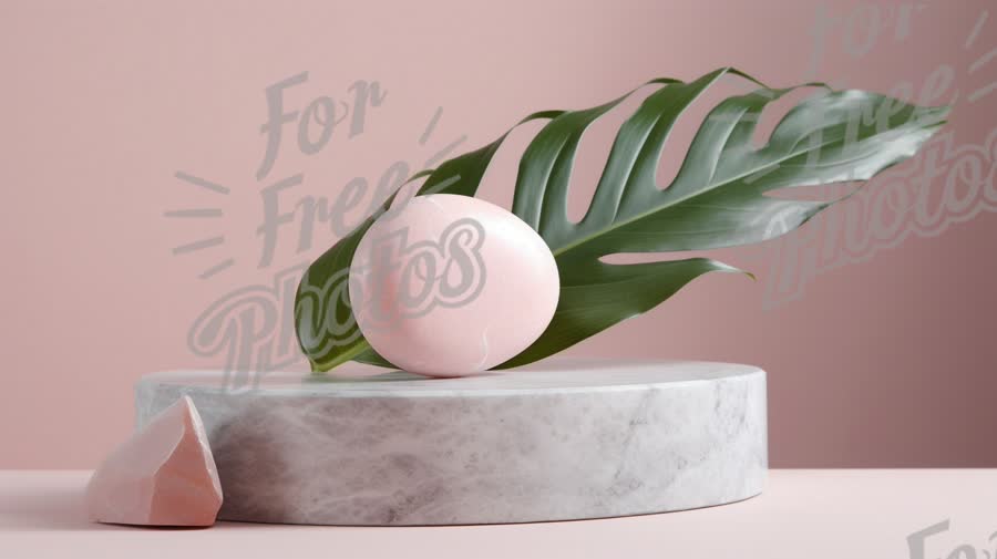 Minimalist Pink Egg and Tropical Leaf on Marble Display for Modern Aesthetics