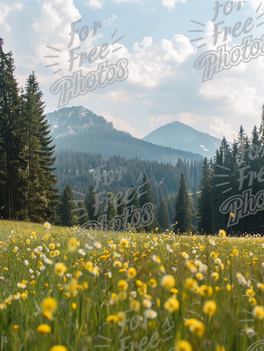 Serene Mountain Landscape with Wildflowers and Lush Forest