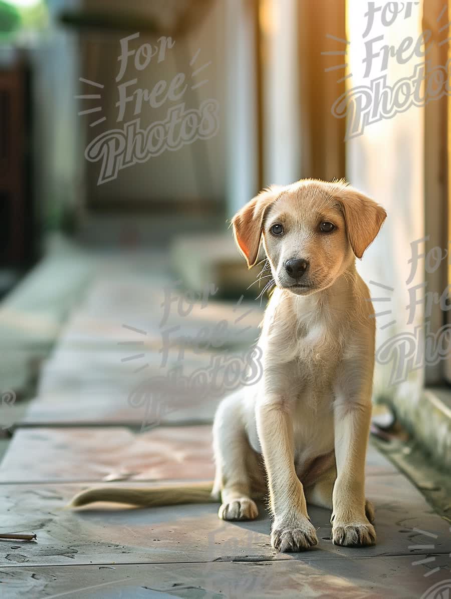 Adorable Puppy Sitting on Pathway at Sunset - Cute Dog Portrait for Pet Lovers