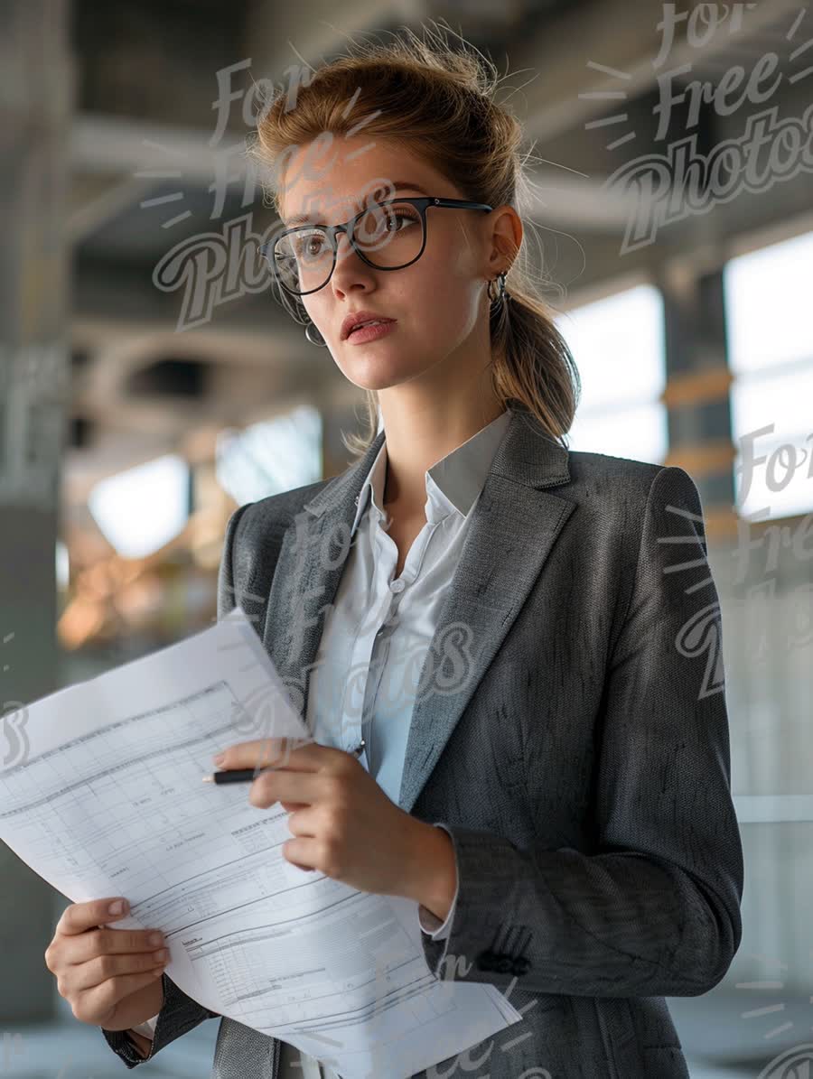 Confident Businesswoman Reviewing Documents in Modern Office Setting