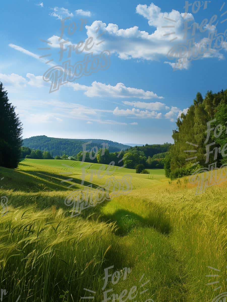 Serene Countryside Landscape with Lush Green Fields and Blue Sky