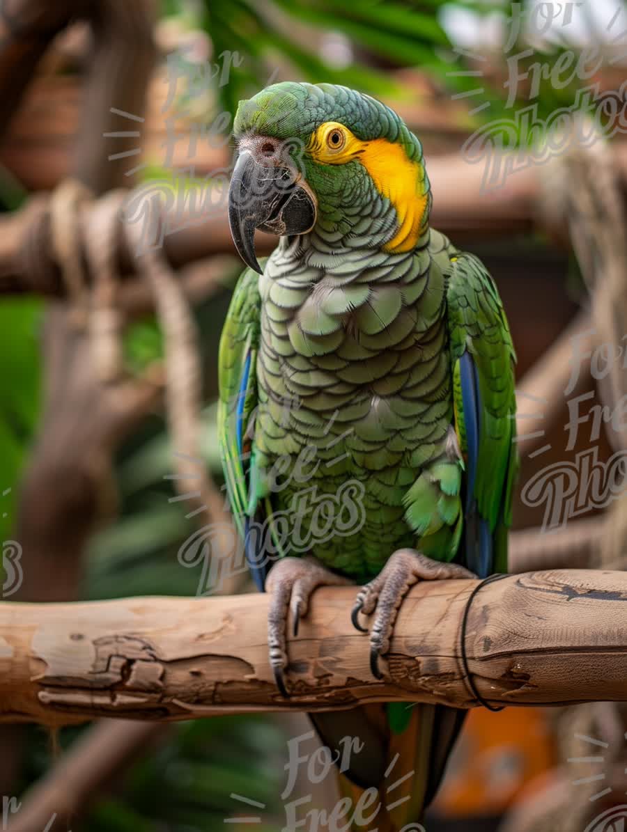 Vibrant Green Parrot Perched on a Branch in Tropical Setting