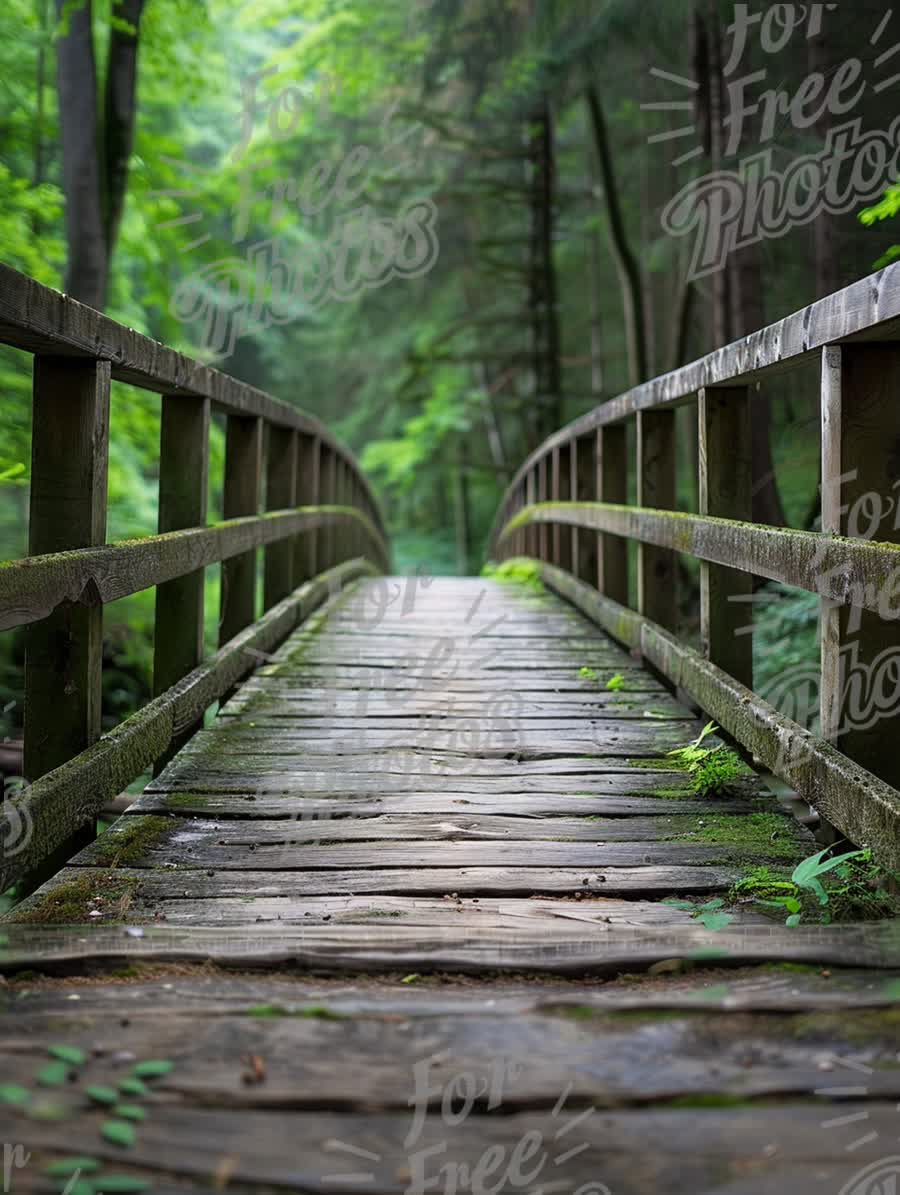 Tranquil Wooden Bridge in Lush Green Forest - Nature Pathway and Serenity