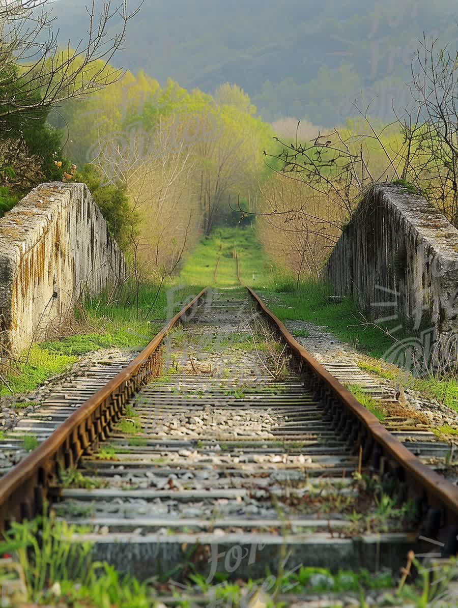 Abandoned Railway Tracks Surrounded by Lush Greenery