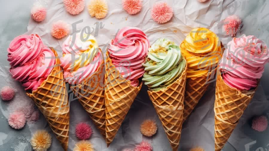 Colorful Ice Cream Cones with Whipped Toppings and Decorative Pom Poms