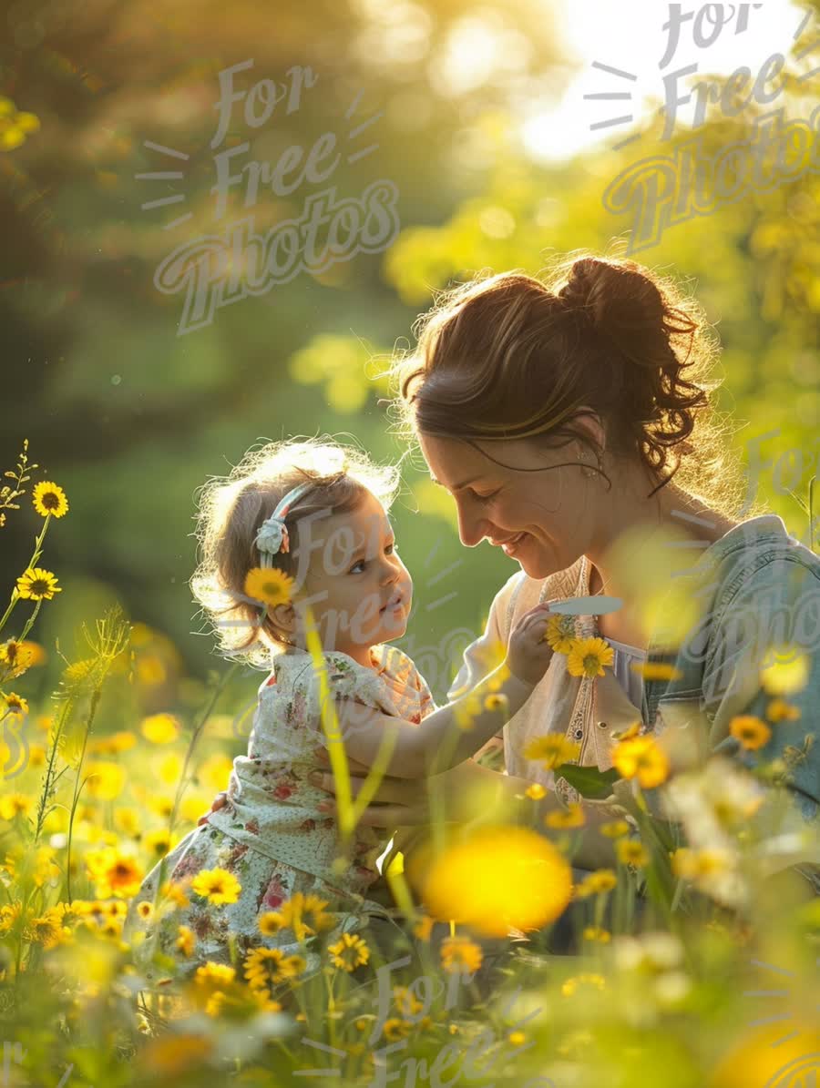 Joyful Mother and Baby in Sunlit Flower Field: Nature, Family Bonding, and Happiness