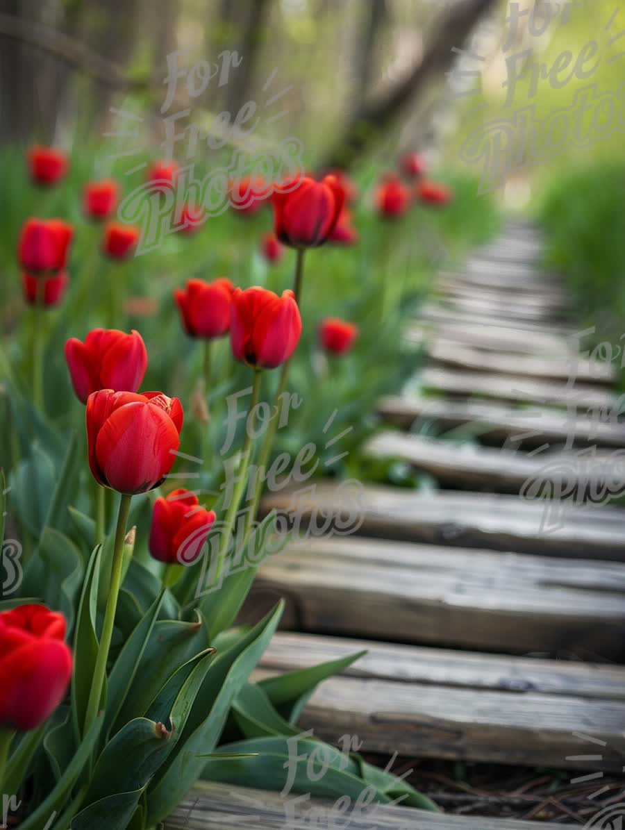 Vibrant Red Tulips Along a Wooden Pathway in Springtime Nature