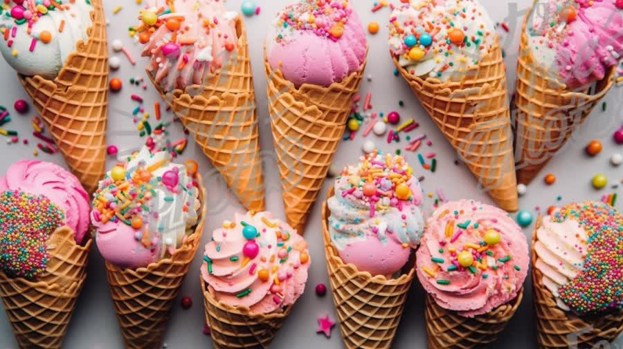 Colorful Ice Cream Cones with Sprinkles on a White Background