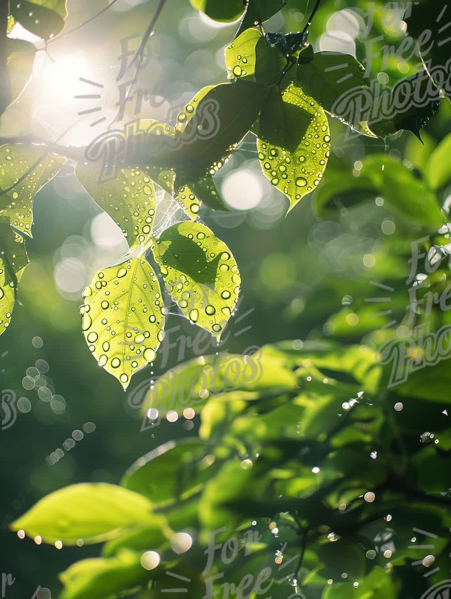 Fresh Green Leaves with Raindrops Glimmering in Sunlight - Nature Background